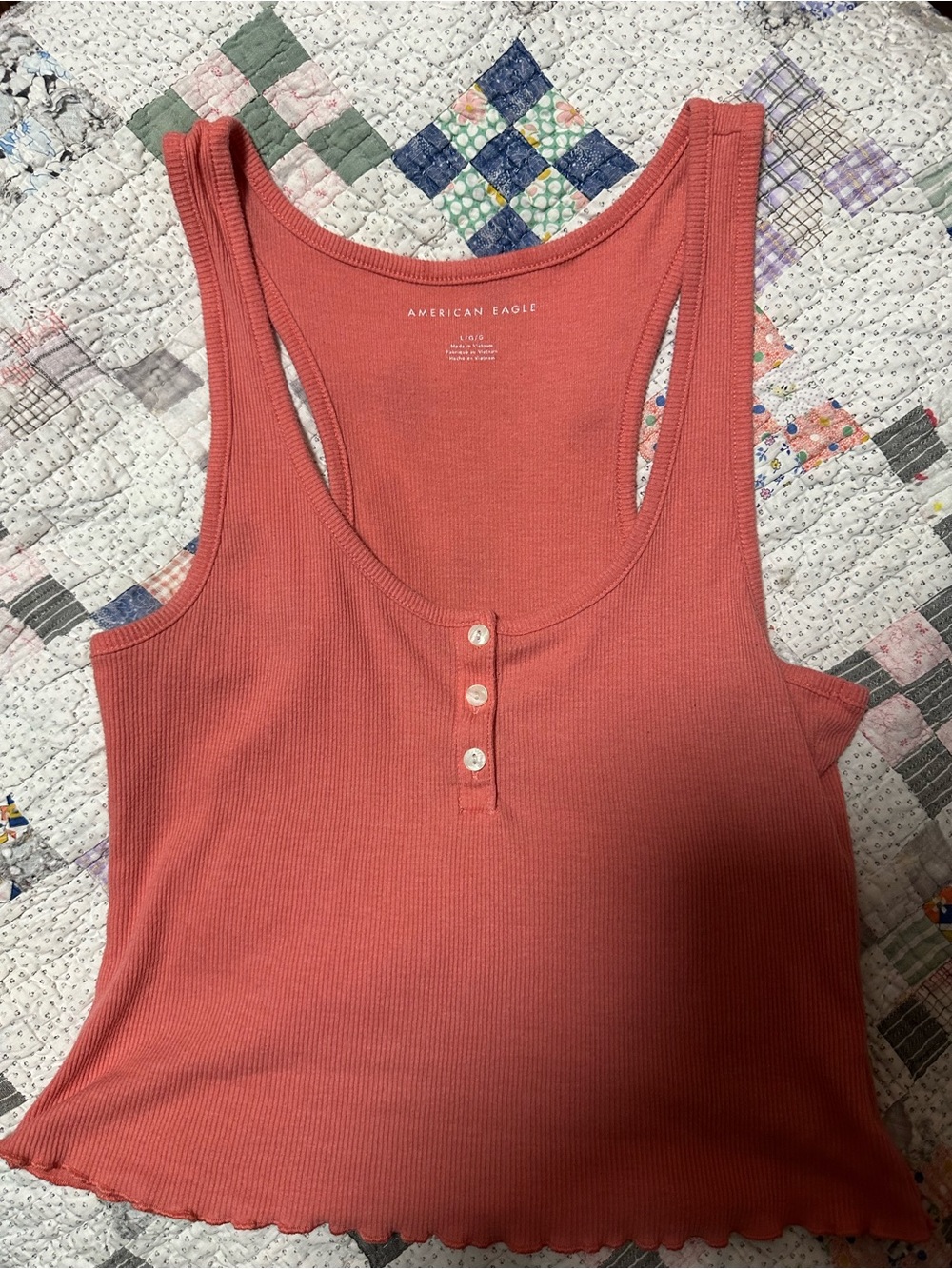American Eagle Outfitters Coral Ribbed Henley Tank Top
